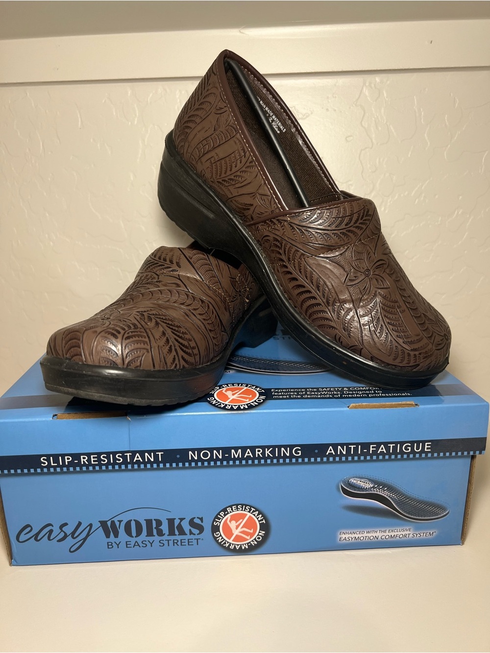 easy street brown embossed slip-on clog